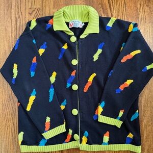 Richard Sport Vintage Black Green Vibrant Button Sweater Size Small
